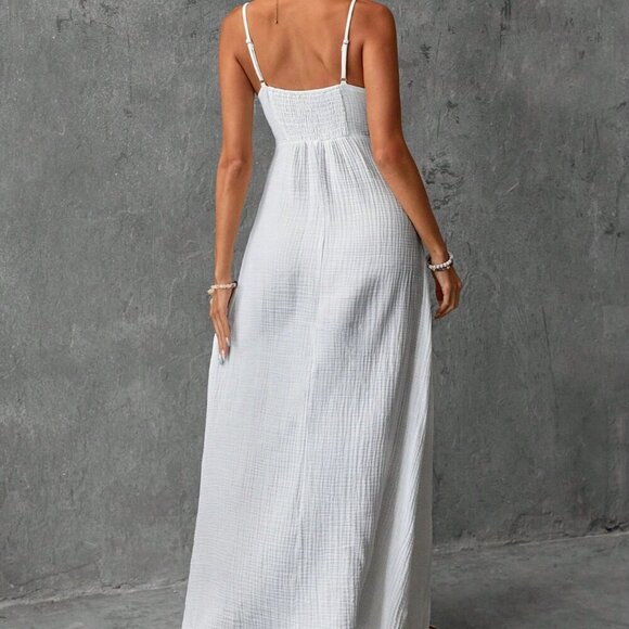 White Casual Women's Vacation Style Cotton Skin-Friendly Beach Dress - Picture 2 of 4